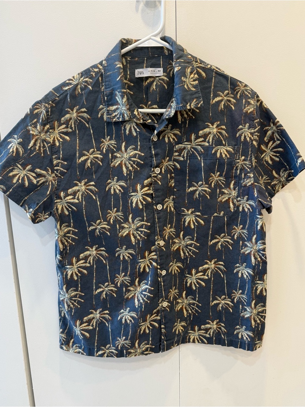 Zara Navy Palm Tree Short Sleeve Button-Up Shirt